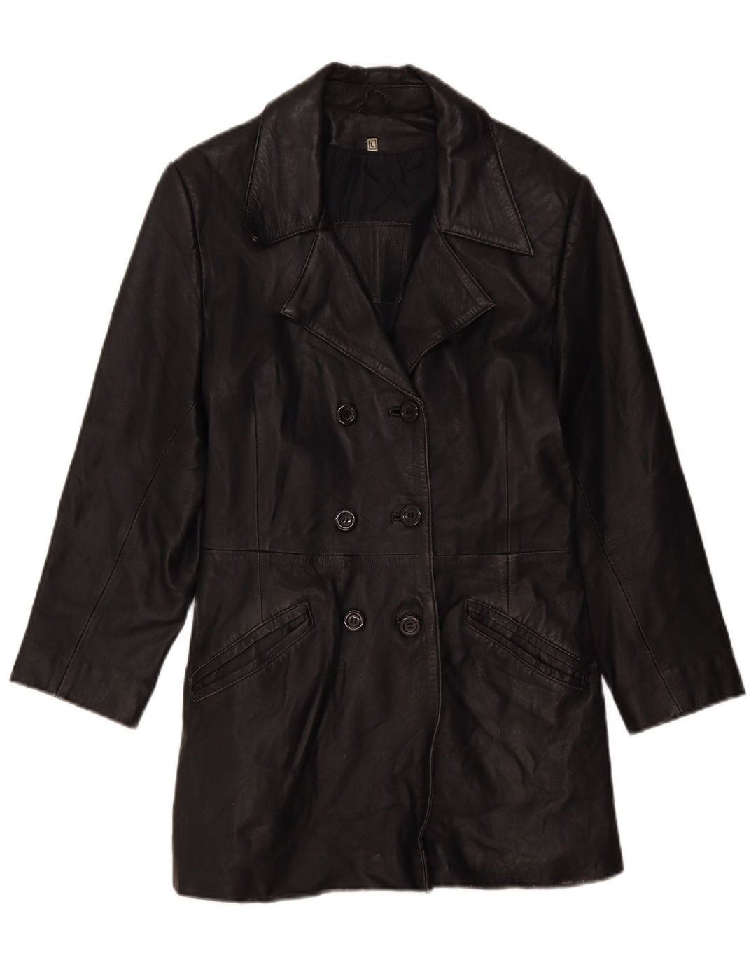 VINTAGE Γυναικείο Δερμάτινο Παλτό UK 14 Large Μαύρο Δερμάτινο