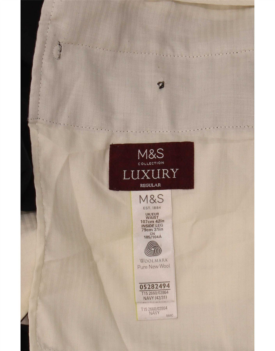 Ανδρικό παντελόνι με κανονική εφαρμογή Marks & Spencer W42 L31 Navy Blue Wool