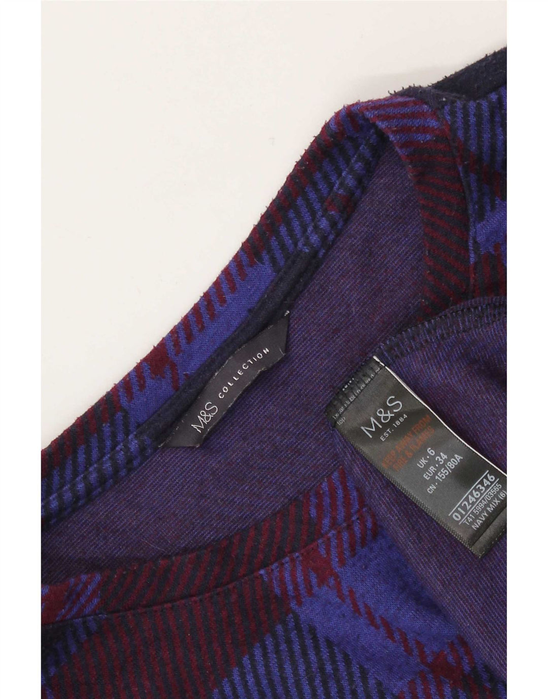 Marks & Spencer Γυναικείο τοπ μακρυμάνικο UK 6 XS Navy Blue Check Polyester