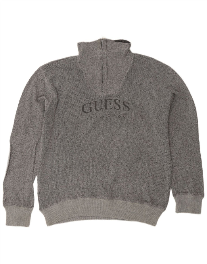 Ανδρικό γραφικό πουλόβερ με φερμουάρ Guess μεγάλο γκρι βαμβακερό