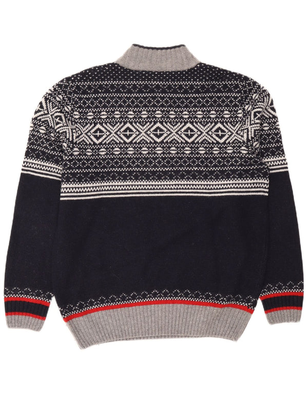 Vintage Mens Zip Neck Jumper Sweater XL Navy Blue Fair Isle Polyacrylic