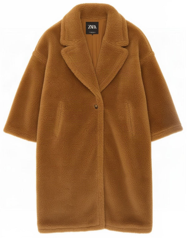 Zara Γυναικείο Teddy Bear Oversized Πανωφόρι UK 14 Medium Brown Polyester
