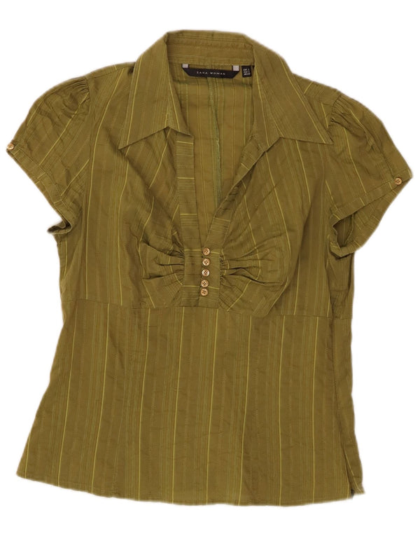 Γυναικείο κοντομάνικο πουλόβερ ZARA πουκάμισο UK 14 Μεγάλο χακί ριγέ βαμβακερό