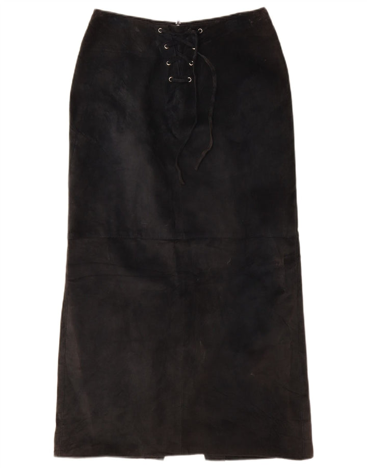 VINTAGE Γυναικεία Suede Maxi Φούστα UK 10 Small W26 Μαύρο Δερμάτινο