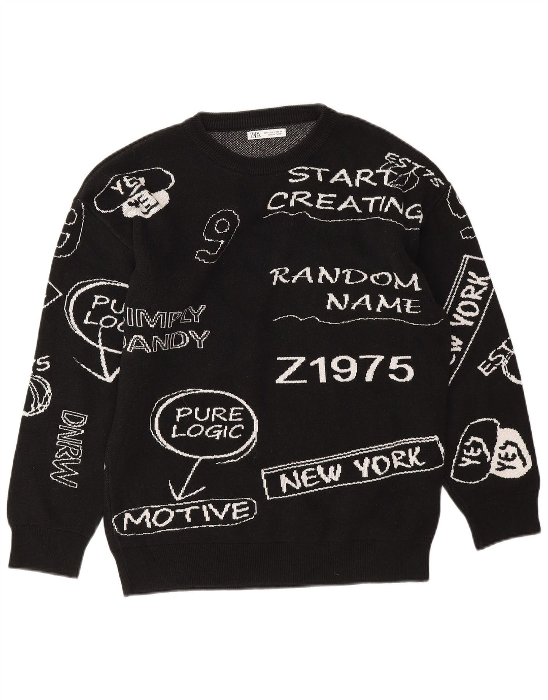 Zara Γυναικεία γραφική μπλούζα μεγάλου μεγέθους Jumper UK 10 Small Black Cotton