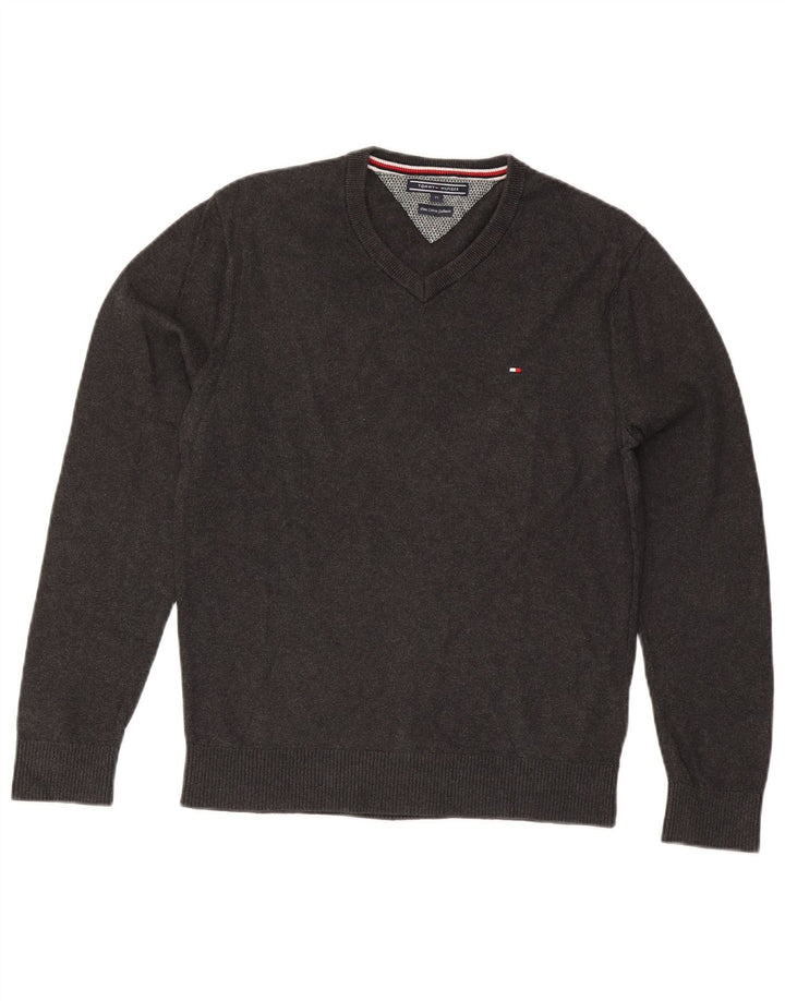 Ανδρικό πουλόβερ Tommy Hilfiger με V λαιμόκοψη, μεσαίο βαμβακερό γκρι