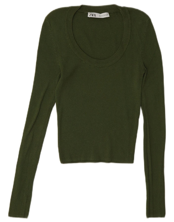 Zara Γυναικεία Slim Fit Top Μακρυμάνικο UK 8 Μικρή Πράσινη Βισκόζη