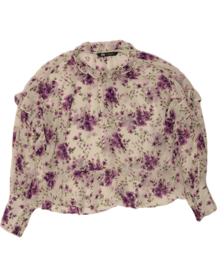ZARA Womens Long Sleeve Blouse Top UK 14 Medium Purple Floral Polyester Vintage Zara and Second-Hand Zara from Messina Hembry 
