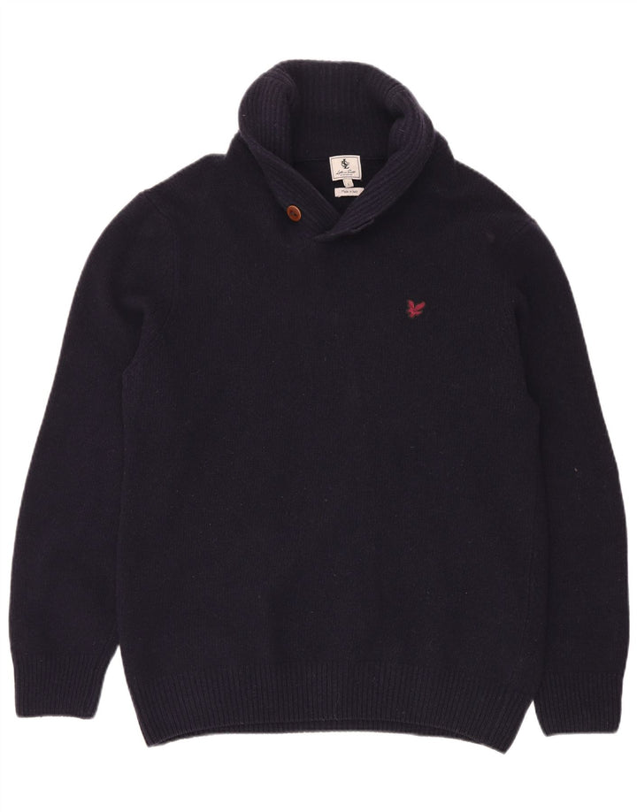 Ανδρικό πουλόβερ με λαιμόκοψη με σάλι Lyle & Scott Μεγάλο μπλε μάλλινο