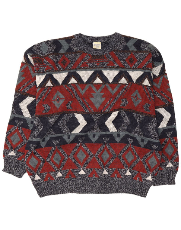 Vintage Mens Crew Neck Jumper Sweater UK 46/48 2XL Navy Blue Geometric