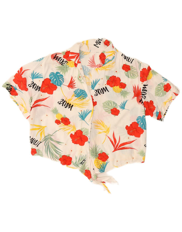 VINTAGE Γυναικεία Crop Μπροστινή Γραβάτα Μπλούζα UK 16 Large White Floral