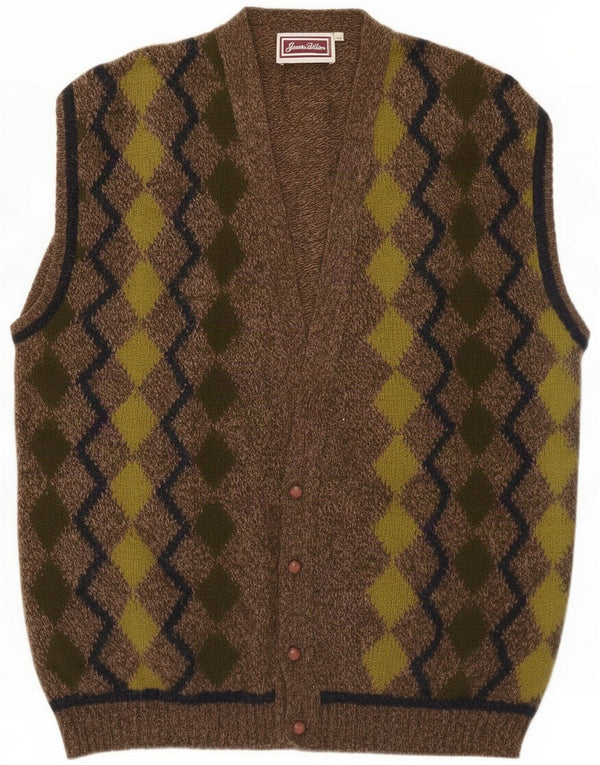 James Dillon Mens Sleeveless Cardigan Sweater XL Khaki Argyle/Diamond