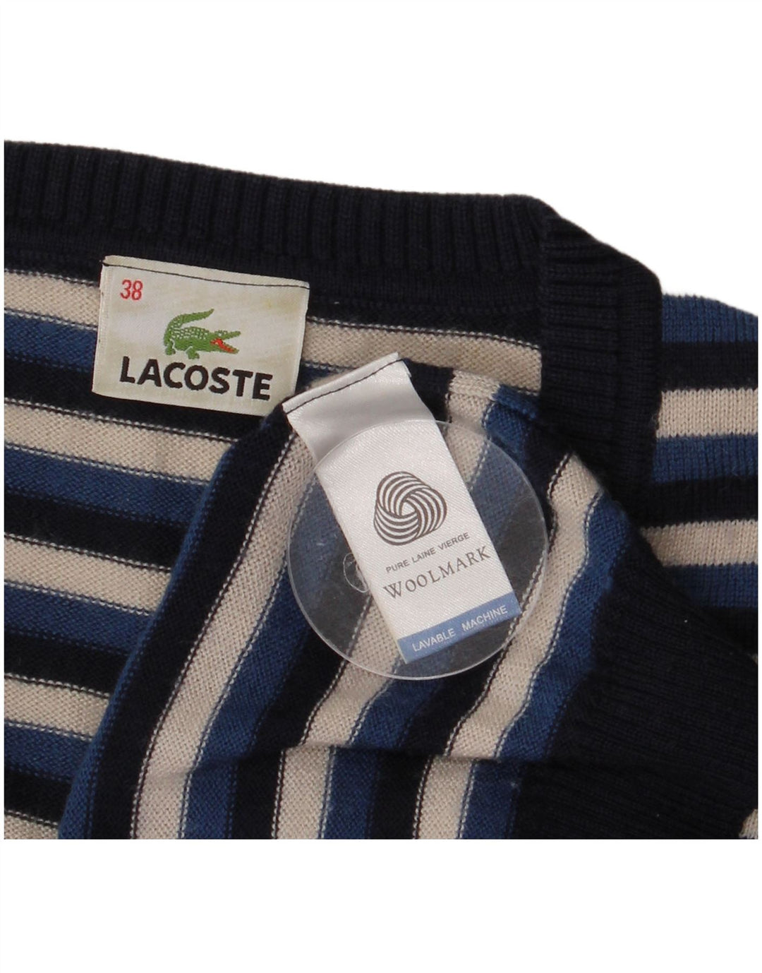 Γυναικείο πουλόβερ Lacoste με λαιμόκοψη με λαιμόκοψη μεγέθους 38 Μαλλί μεσαίου μπλε ριγέ