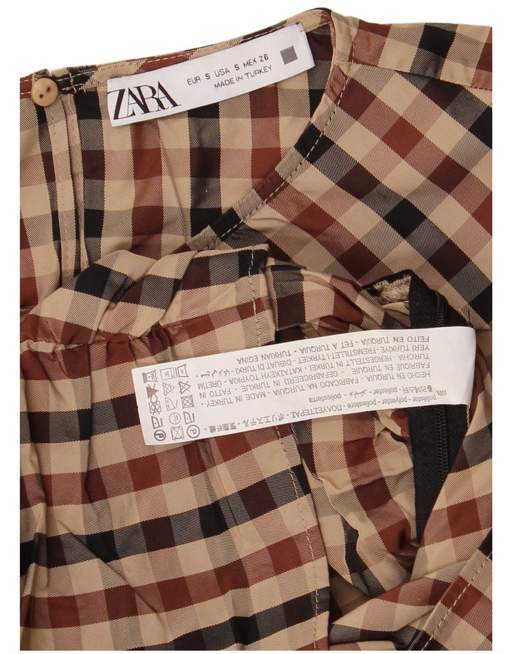 Γυναικεία Zara Crop μακρυμάνικη μπλούζα UK 10 Small Brown Gingham Polyester