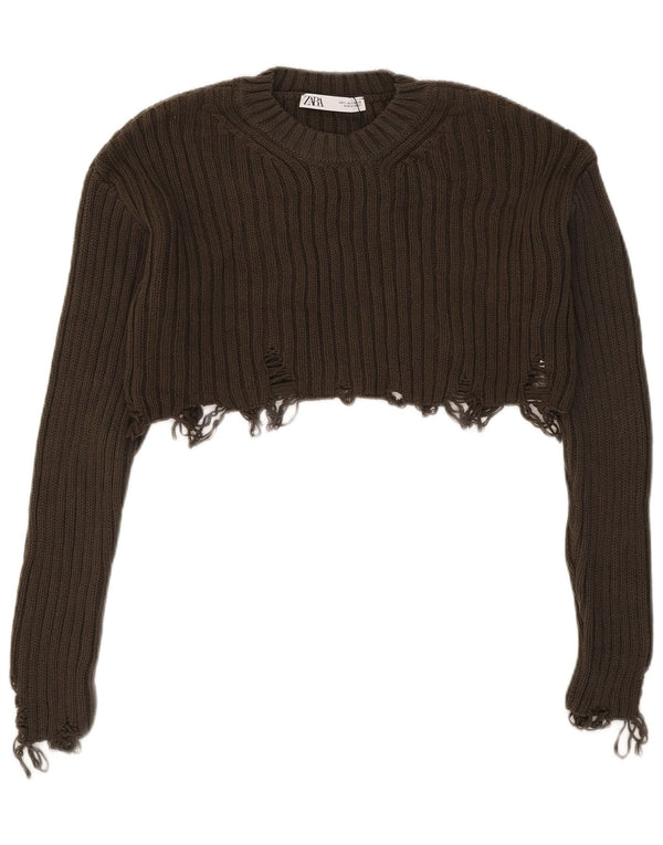 Zara Womens Crop Distressed Crew Neck Jumper πουλόβερ UK 10 Small Khaki
