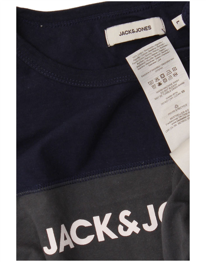 JACK & JONES Mens Graphic Top Long Sleeve Large Grey Colourblock Cotton