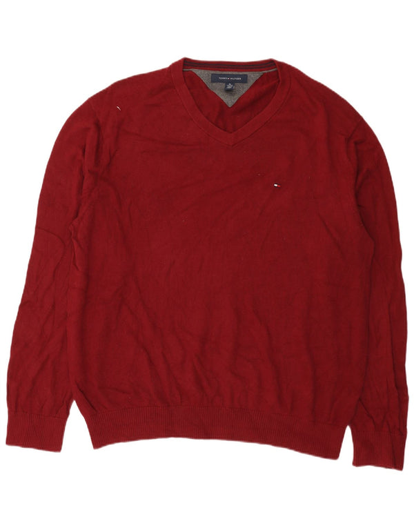Ανδρικό πουλόβερ Tommy Hilfiger με V λαιμόκοψη XL Βαμβακερό μπορντό