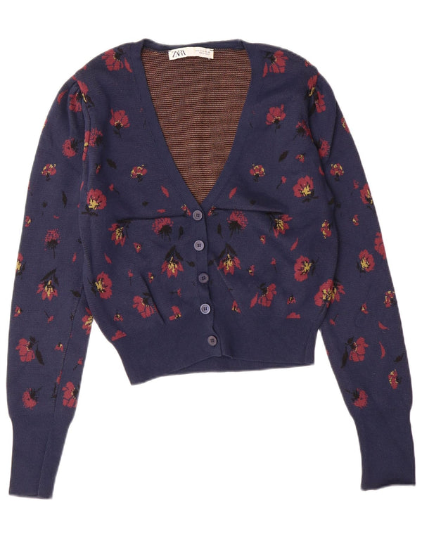 Γυναικείο πουλόβερ ZARA Crop Cardigan UK 10 Small Navy Blue Floral Polyamide