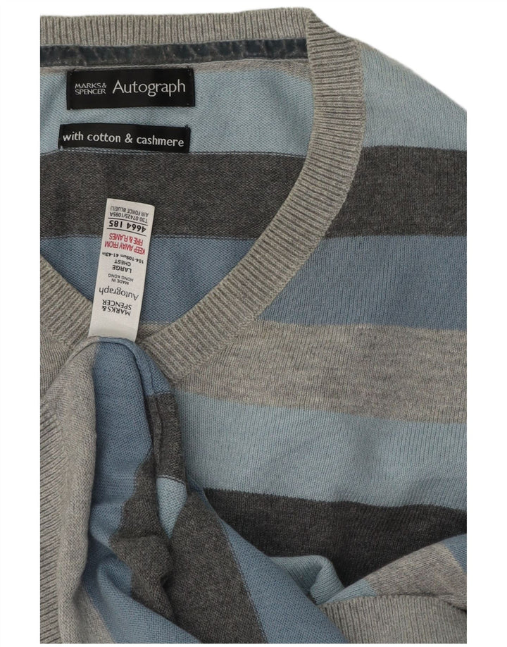 Marks & Spencer Ανδρικό αυτόγραφο πουλόβερ με λαιμόκοψη V-λαιμόκοψη μεγάλο γκρι ριγέ