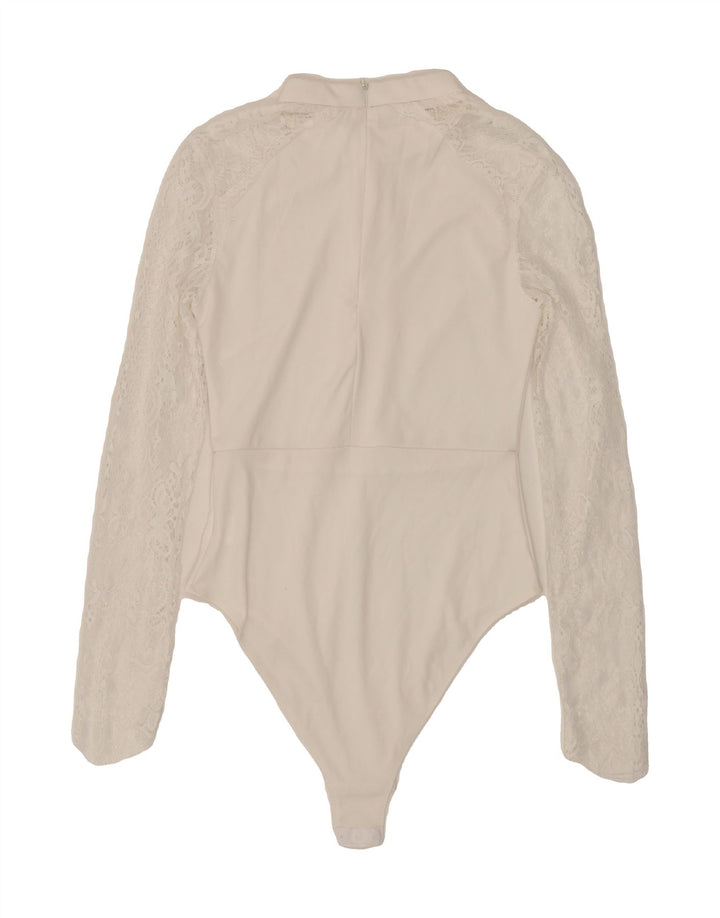 VINTAGE Womens Front Tie Bodysuit UK 12 Medium White Polyester Vintage Vintage and Second-Hand Vintage from Messina Hembry 