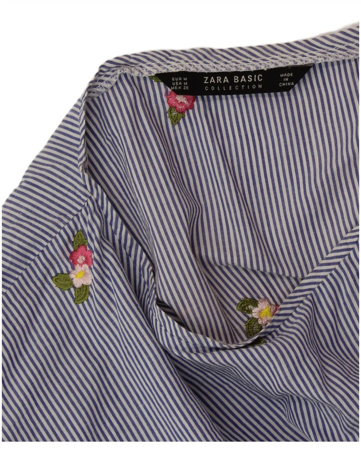 ZARA Γυναικεία Crop Μπλούζα Τοπ UK 14 Medium Blue Pinstripe