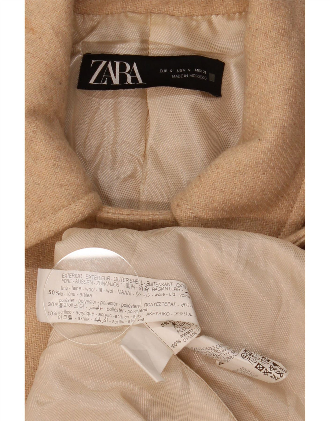 Zara Γυναικείο παλτό με διπλό στήθος UK 10 Small Beige μαλλί ψαροκόκαλο