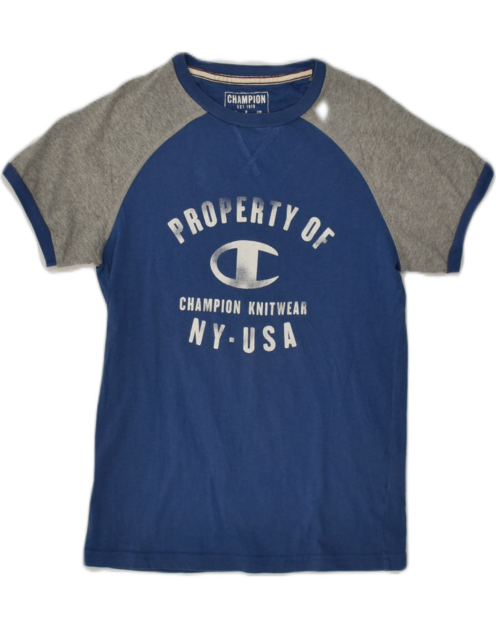 CHAMPION Boys Graphic T-Shirt Top 11-12 Years Large  Navy Blue Colourblock | Vintage Champion | Thrift | Second-Hand Champion | Used Clothing | Messina Hembry 