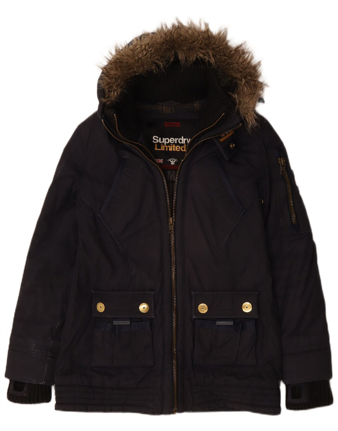 Superdry γυναικείο μπουφάν με κουκούλα αντιανεμικό UK 14 μεσαίο μπλε βαμβακερό