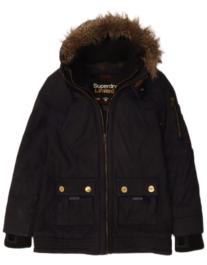 Superdry γυναικείο μπουφάν με κουκούλα αντιανεμικό UK 14 μεσαίο μπλε βαμβακερό