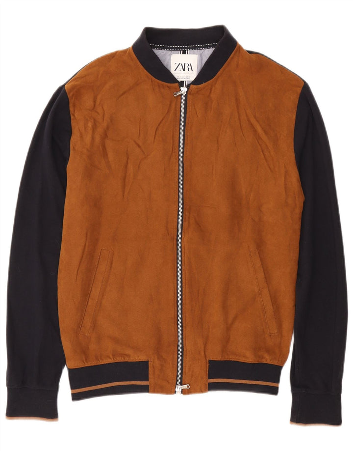 Zara Ανδρικό Bomber Jacket UK 36 Small Brown Colourblock Βαμβακερό