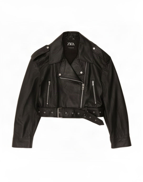 Zara Womens Crop Faux Leather Biker Jacket UK 18 XL Μαύρο Πολυουρεθάνη