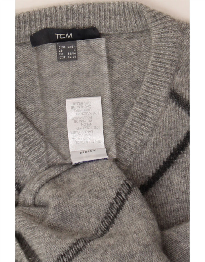 TCM Mens V-Neck Jumper Sweater Large Grey Argyle/Diamond Virgin Wool Vintage TCM and Second-Hand TCM from Messina Hembry 