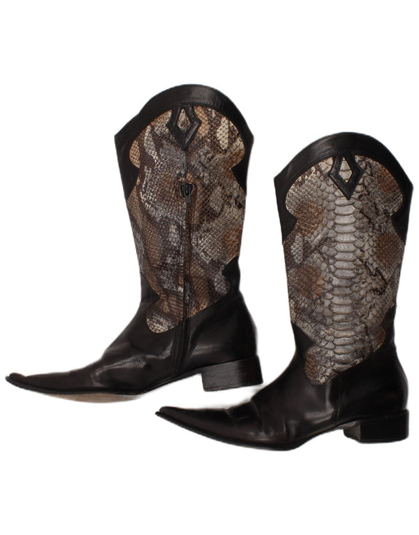 Vintage γυναικείες μπότες Cowboy UK Size 7 Μαύρο Animal Print Western