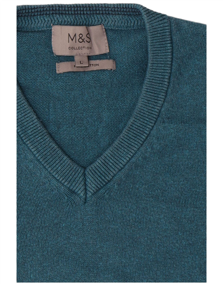 Marks & Spencer Ανδρικό πουλόβερ με λαιμόκοψη με λαιμόκοψη μεγάλο μπλε βαμβακερό