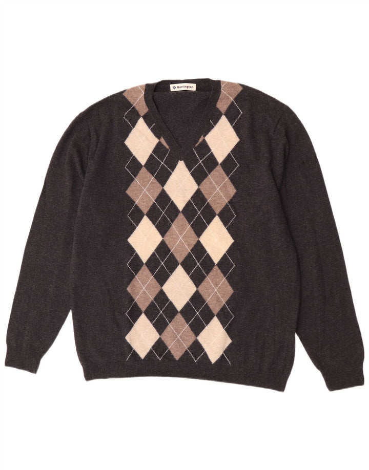 Burlington Ανδρικό πουλόβερ με λαιμόκοψη IT 52 Large Grey Argyle/Diamond