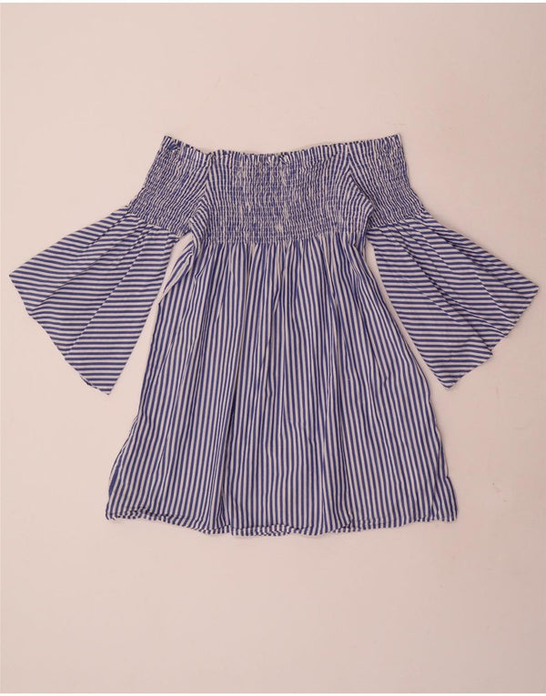 Zara γυναικείο μανίκι 3/4 μπλουζάκι από ώμους UK 4 XS μπλε βαμβακερό ριγέ