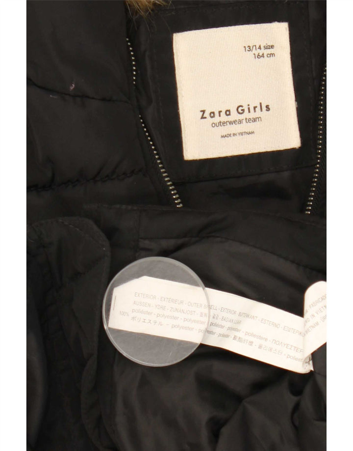 Zara Girls Hooded Podded Coat 13-14 Years Black Polyester