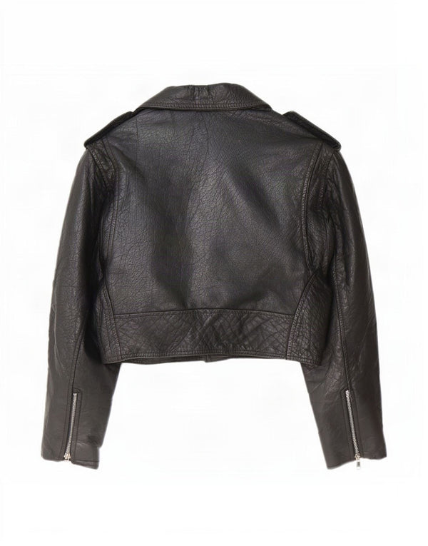 Akaso Womens Crop Leather Biker Jacket UK 10 Small Black