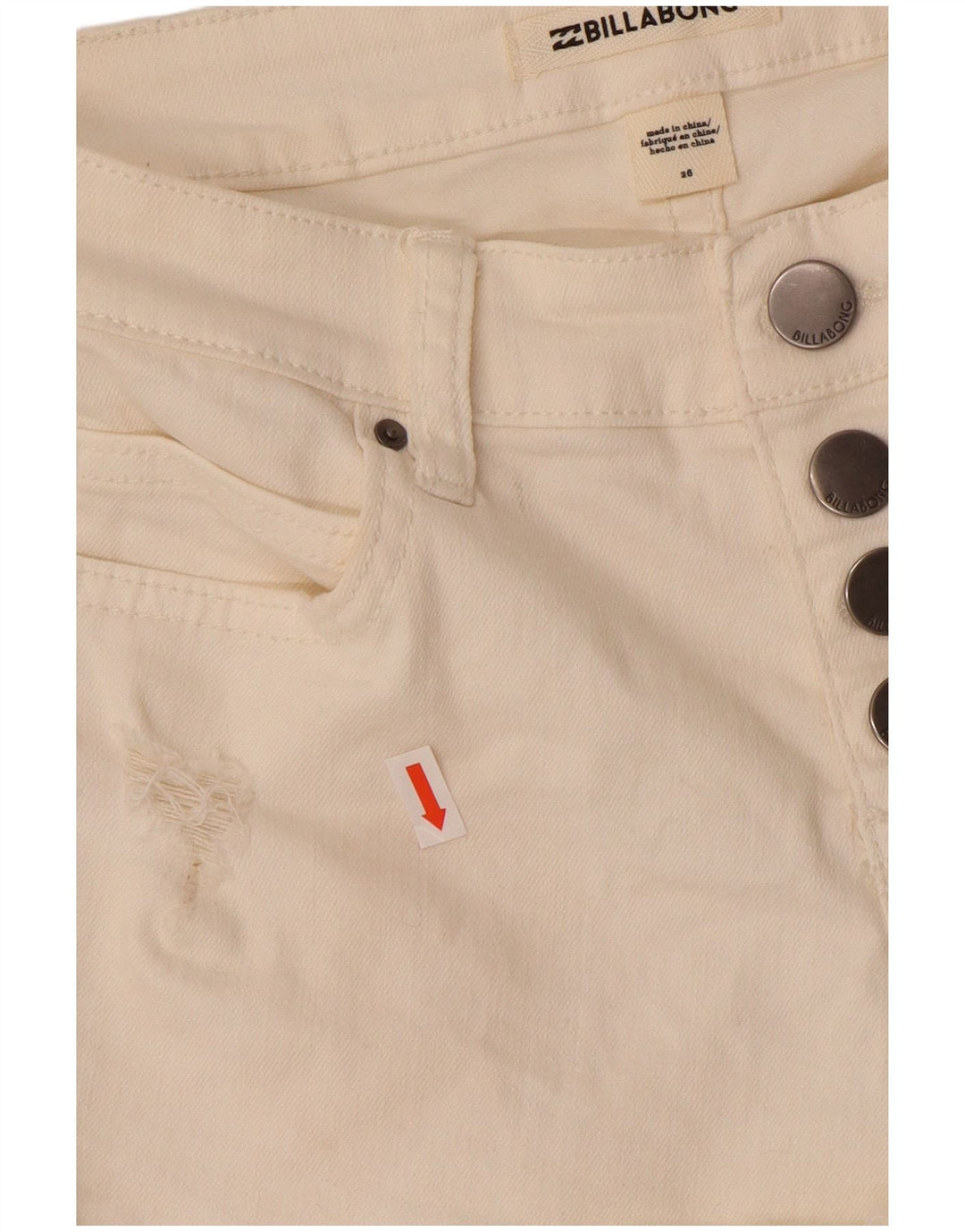 BILLABONG Womens Distressed Denim Hot Pants W26 Small Off White Cotton