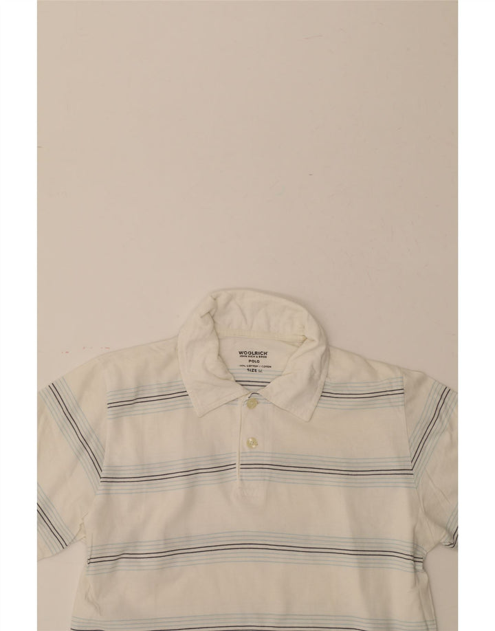 WOOLRICH Mens Polo Shirt Medium White Striped Cotton Vintage Woolrich and Second-Hand Woolrich from Messina Hembry 