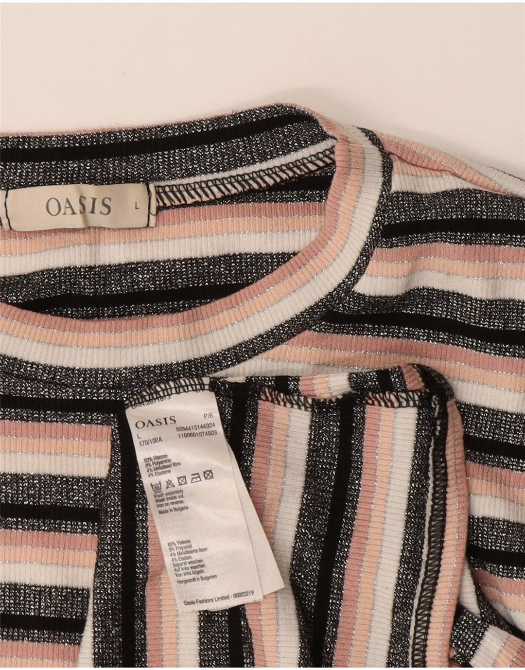 Γυναικείο μπλουζάκι OASIS Crop Top UK 14 Μεγάλη μαύρη ριγέ βισκόζη