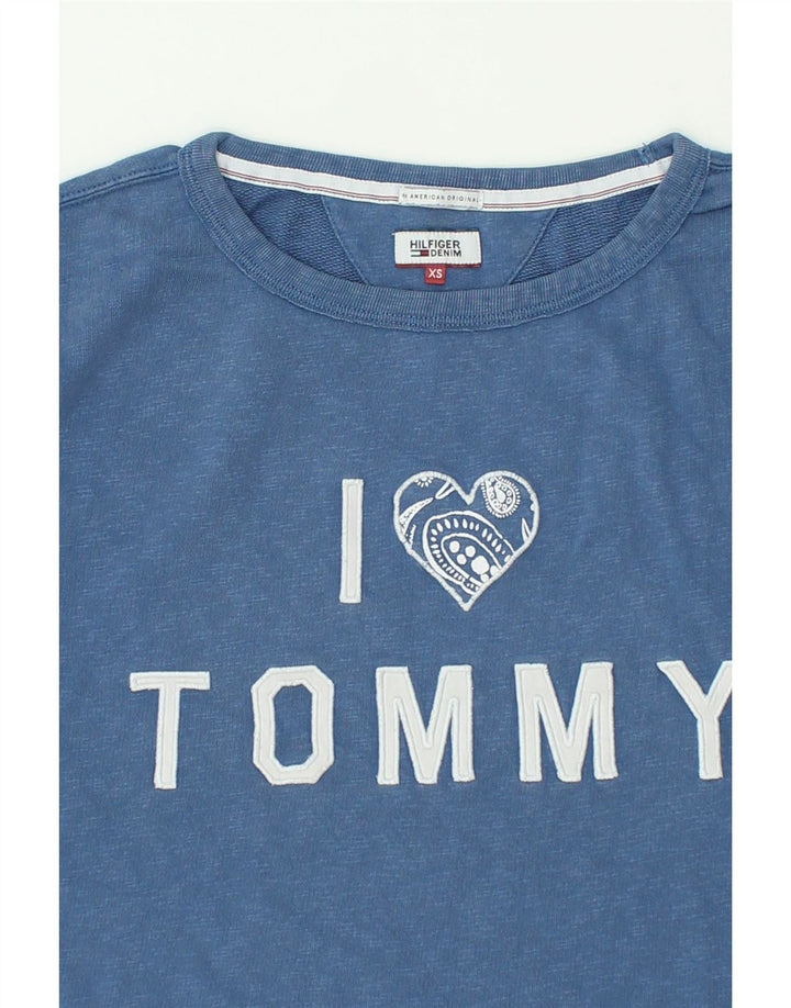 TOMMY HILFIGER Womens Graphic Top Long Sleeve UK 6 XS Blue Cotton | Vintage Tommy Hilfiger | Thrift | Second-Hand Tommy Hilfiger | Used Clothing | Messina Hembry 