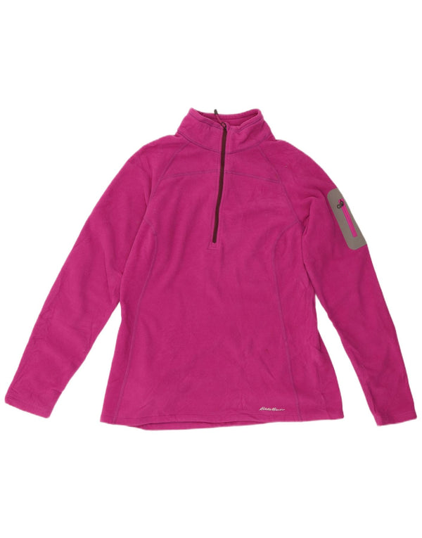 EDDIE BAUER Womens Zip Neck Fleece Jumper UK 14 Large Pink Colourblock