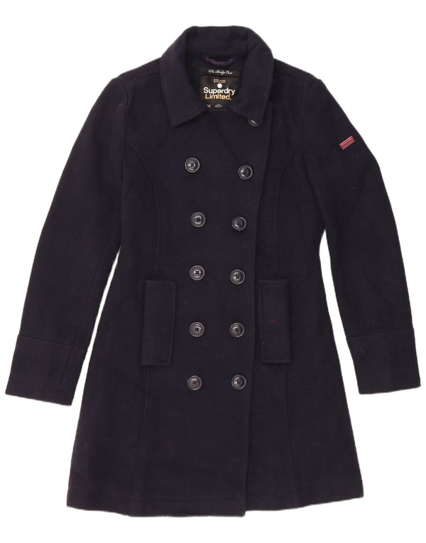 Superdry Womens Double Breasted Coat UK 12 Medium Navy Blue Wool