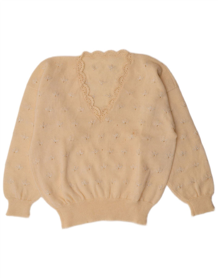 VINTAGE Γυναικείο πουλόβερ με V λαιμόκοψη UK 14 Medium Off White Floral