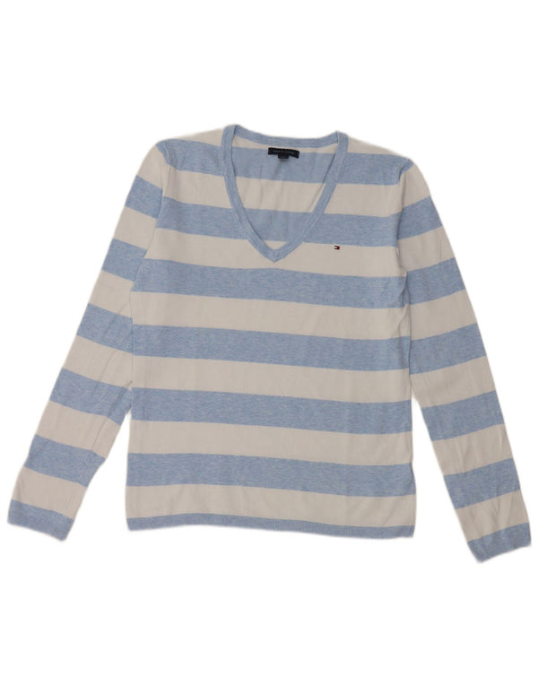 Tommy Hilfiger Γυναικείο πουλόβερ με λαιμόκοψη με V λαιμόκοψη UK 10 Small Blue ριγέ βαμβακερό
