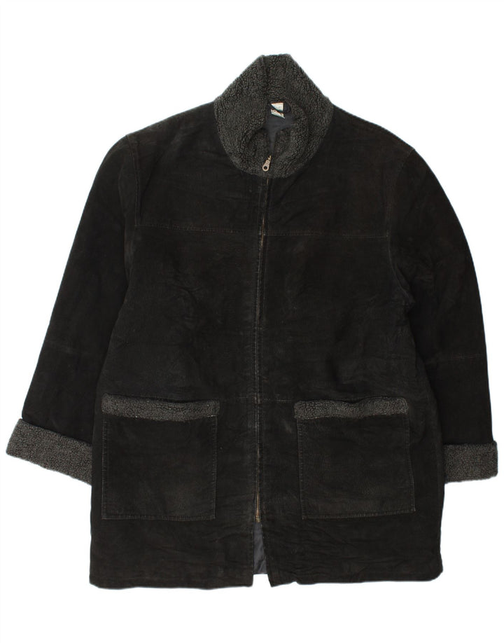 VINTAGE Γυναικείο Σουέντ Πανωφόρι UK 18 XL Μαύρο Δερμάτινο