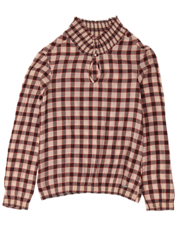 Woolrich γυναικεία μακρυμάνικη μπλούζα τοπ UK 14 μεσαίου μπορντώ βαμβακερό Gingham