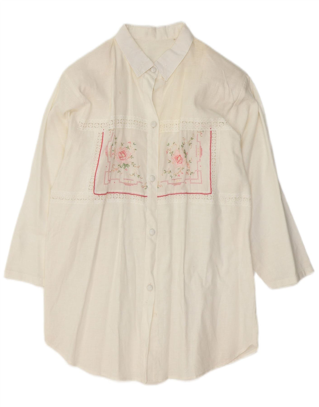 VINTAGE Γυναικείο πουκάμισο 3/4 μανίκι Μπλούζα UK 14 Medium White Floral