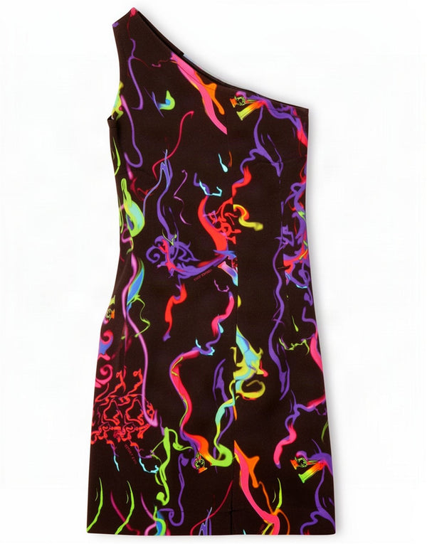 Vintage Γυναικείο Abstract Pattern One Shoulder φόρεμα UK 8 Small Black